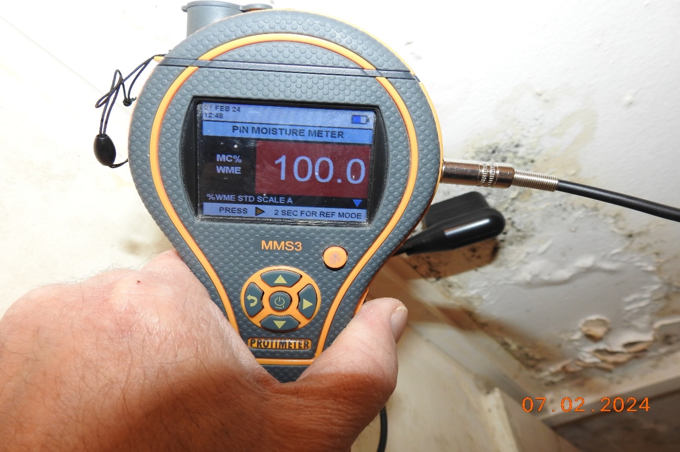 Water damaged ceiling paster maximum moisture reading obtained 100% WME.